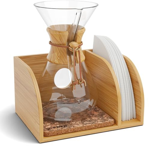 HEXNUB Pour Over Caddy for Chemex Bodum Cosori Coffee Makers Cork | Handmade Bamboo Stand, Filter Holder, Heatproof Mat for a Cleaner Coffee Station