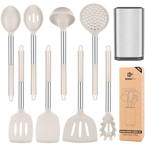 Set di utensili da cucina in silicone, 8 pezzi, antiaderenti, con manico in acciaio inossidabile, senza BPA, resistenti al calore, con spatole, tornitori, cucchiai, schiumarola e forchetta per pasta
