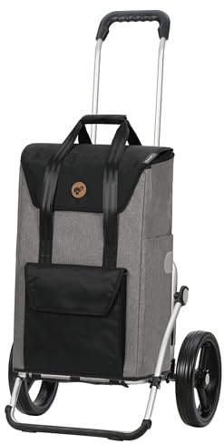 ANDERSEN Einkaufstrolley - Royal Shopper Senta 2.0 grau | mit Flüsterrädern, große Räder, 25 cm, aus Alu, bis 50 kg - Tasche mit Kordelzug, Fronttasche, Reflektoren, 49 L