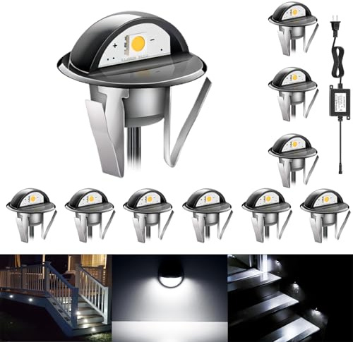 RNEHON 10 Pack LED Outdoor Deck Lights Kit, Cold White Φ1.38 Low Voltage 12V DC Step Stair Lights, IP65 Waterproof Recessed Landscape Lighting for Garden,Yard Steps,Stair,Patio,Floor