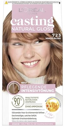 L'Oréal Paris Coloration, Intensivtönung, Für alle Hauttypen, Ohne Ammoniak und Silikone, Abdecken grauer Haare, Casting Natural Gloss Haarfarbe, Nr. 723 Mandelblond (Blond), 1 Stück