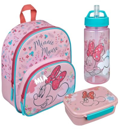 Kindergartenrucksack Disney Minnie Mouse Mädchen mit Brotzeitdose Trinkflasche - Personalisiert mit Name - Set Kinderrucksack mit Brotdose Trinkbecher