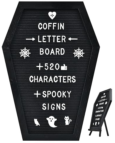 Coffin Letter Board - 520 Characters Spooky Halloween Characters with Wooden Stand and Canvas Bag - 16x11 Inches - Felt Message Board for Home Office Halloween Supplies & Decor (Black)