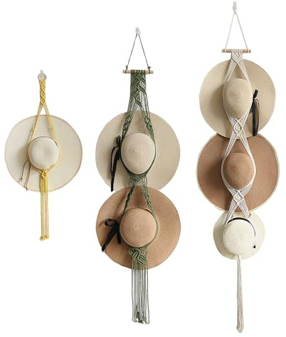 LWZko 3 Perchas para Sombreros de Macramé, Colgadores de Gorras, Pared, Exhibición de Sombreros de Ala Ancha, Soporte Decorativo para Gorras