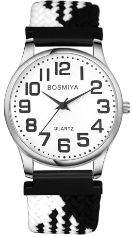 JewelryWe Geflochten Elastische Uhr für Damen Herren Kinder, Einfache Analog Quarz Armbanduhr Gewebt Stretcharmband Lässige Uhr mit großen Zahlen Zifferblatt & Gold Gehäuse für Senioren
