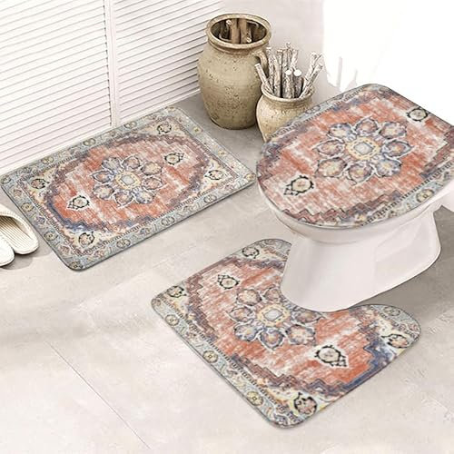 Bad Teppiche Set 3-Teiliges Orange Grau Retro WC Vorleger Mit Ausschnitt Badematte Saugfähig WC Deckelbezug Badvorleger rutschfest Waschbar Toilettensitzbezug Badgarnitur (50x80cm)