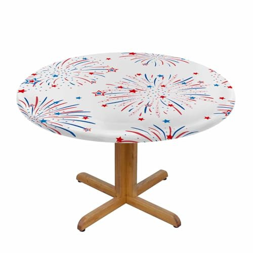 YINRON Festive Fireworks Round Table Cloth 4Th of July Stars Elastic Edged Table Cover Fade and Stain Resistant Table Cloths Easy to Clean Fits Tables 40-44 Diameter
