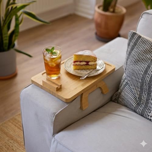 Bamboo Sofa Arm Tray with Phone Holder & Cup Holder – Non-Slip Sofa Armrest Table for Drinks, Snacks & Remotes – Fits Most Sofas – Natural Bamboo