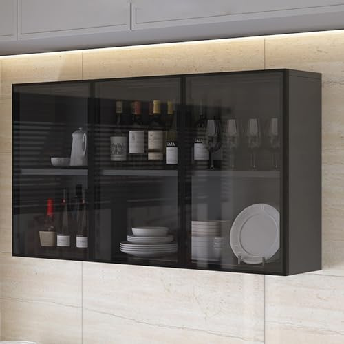 Wall Mounted Bathroom Glass Display Cabinet with Hidden Handle Narrow Brown/Gray Kitchen Storage Cabinet for Living Room Decor Over The Toilet Storage Cabinet for Bathroom Living Room and Ki