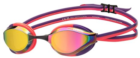 ARENA Gafas de natación unisex Python Mirror Racing para hombres y mujeres, lente con revestimiento antivaho, ajuste pequeño, máxima comodidad, doble correa, cobre/ciruela/coral brillante