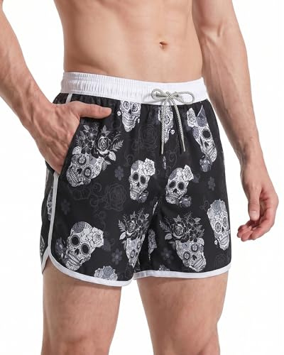 maamgic Badehose Herren Kurz Retro Badeshorts Schnelltrocknend Meshfutter | Retro-Design, kontrastierender Bund, schnelltrocknend, wasserabweisend, knitterarm, Seitentaschen, Klett-Tasche, Kordelzug