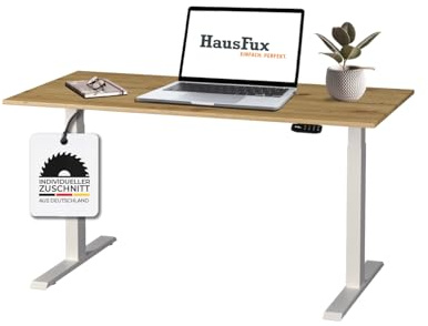 Hausfux Höhenverstellbarer Schreibtisch auf Maß - inkl. 2,5 cm starker, maßgefertigter Tischplatte - 2- oder 3-stufiges Gestell, OLED-Touchpanel (Artisan Eiche & Weiß, 2-stufig, 110 x 60 cm)