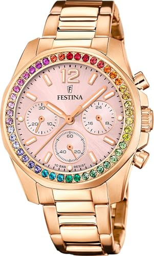 Festina Damenuhr Analog aus Edelstahl 316l Rosa | Quarzwerk Chronograph, Widerstandsfähiges Mineralglas, Wasserdicht 10 ATM, Special Prices F20639/4