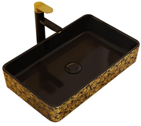 YYUINU Lavandino Rettangolare, Grande Lavabo da Appoggio, Lavabo in Ceramica da Appoggio, 60x35x11cm,Black Gold Flower