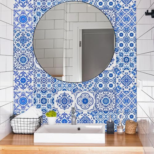 Bathroom Tile Stickers 15X15CM Navy Blue Tile Stickers Transfers for Bathroom Kitchen,Peel and Stick Wall Stickers Self Adhesive Vinyl Waterproof Oil Proof Home Decor