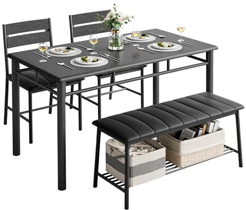 IRONCK Dining Table Set for 4, Kitchen Table with Upholstered Bench and 2 Chairs, Kitchen Table and Chairs Set for Small Space, Apartment, Black