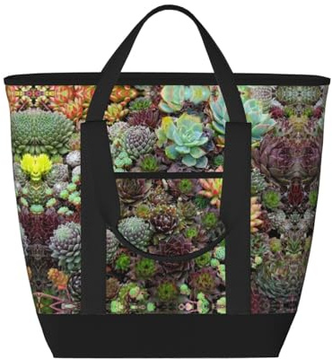 LIXLZH Bolsa de mano con estampado de suculentas para adultos, resistente, para picnic, playa, camping, gran capacidad, aislada, color negro, talla única, Negro, One Size