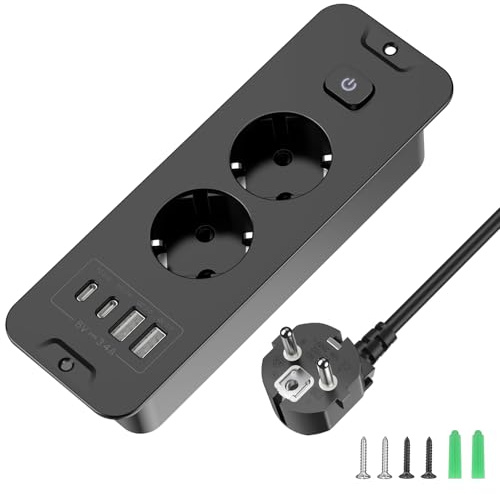 Versenkbare Steckdose 2 Fach mit 2 USB-A & 2 USB-C (PD 20W), Einbausteckdose mit Schalter & 2m Verlängerungskabel - Tischsteckdose für Schreibtisch/Schwarz