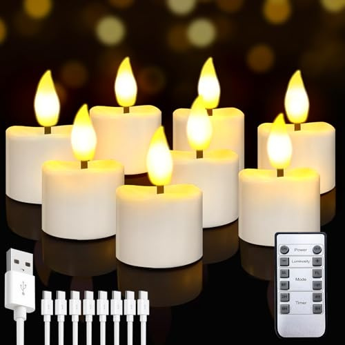 Wiederaufladbare Teelichter, 8 Stück Aufladbar LED Kerzen mit Fernbedienung | Kerzen Flackernd mit Timer & USB‑C Kabel, Elektrische Teelichter für Zimmer Party Halloween Tisch Halloween Weihnachtsdeko
