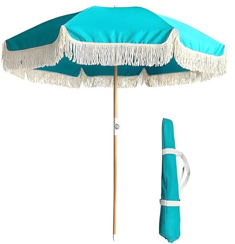Ombrellone da Giardino Giardino Esterno spiaggia da 6,5 piedi, con frangia, impermeabile UV50+, con nappe e borsa per il trasporto