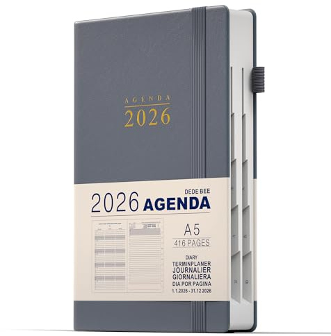 DeDe Bee Kalender 2026 Möteskalender A5 Agenda, flerspråkig, 1 dag per sida och månadsplan totalt 416 sidor, innerficka, elastisk stängning, inbunden (grå)
