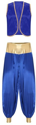 RUNQHUI Homme Costume Prince Arabe Déguisement Oriental Ensemble Tenue Pantalon Sarouel et Gilet sans Manches Carnaval Fête Halloween Cosplay B Bleu royal M