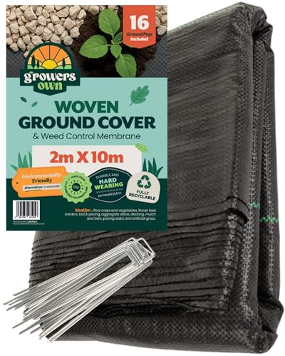 Growers Own Woven Ground Cover & Weed Control Membrane – 2m x 10m Heavy Duty & UV Stabilised Permeable Weed Barrier Fabric for Garden, Greenhouse, Mulching & More. 8 Ground Pegs Included. 1 Pack