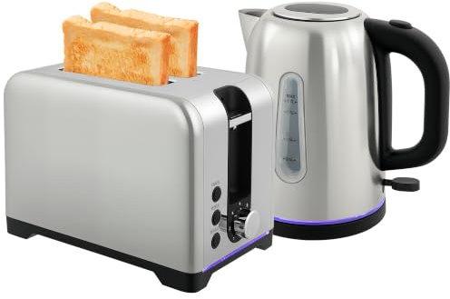 HOMCOM Kettle and Toaster Set, 1.7L 3000W Rapid Boil, 2 Slice, Silver Tone | Jug Kettle, Otter Thermostat, Limescale Filter, 7 Browning Controls, LED Strip, Crumb Tray