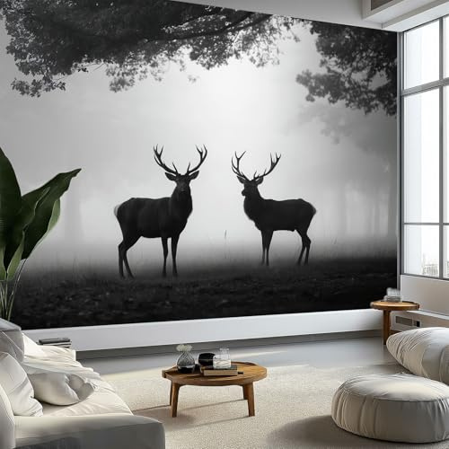 Papier peint panoramique photographie de nature, papier peint noir blanc forêt animaux cerf - poster mural géant fresque murale moderne pour salon chambre d’enfants restaurant, 200 x 140 cm (L x H)