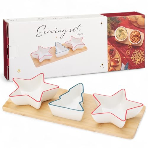 MIJOMA Servierset Weihnachten 4-teilig – Porzellanschalen in Stern- & Baumform mit farbigem Rand – Holztablett – Festliches Tischset für Dips & Snacks