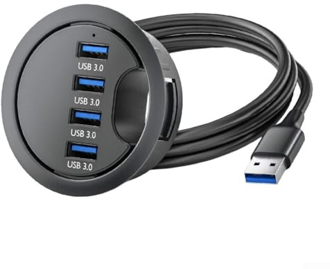 4 Port USB 3.0 Desk Grommet Hub for Desktop Cable Management, 5Gbps Fast Data Transfer, Compatible with PC Laptop, Black (1.2m Cable)
