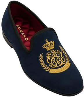 Mocasines de Terciopelo Dorado con Escudo para niño, Color Azul Marino, sin Cordones, Ideales para Bodas, Fiestas de graduación y Eventos Taille 36