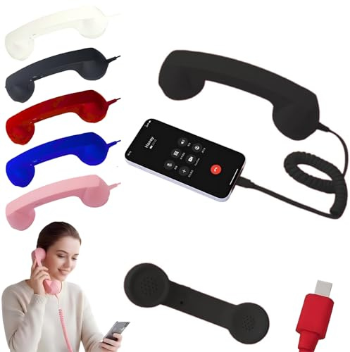 Retro Phone Handset for ios & Android, Type-C Cell Phone Receiver with Microphone & Speaker, Vintage Old School Telephone Handset for Mobile Phones, 90s Style Prop for Photos (Black)
