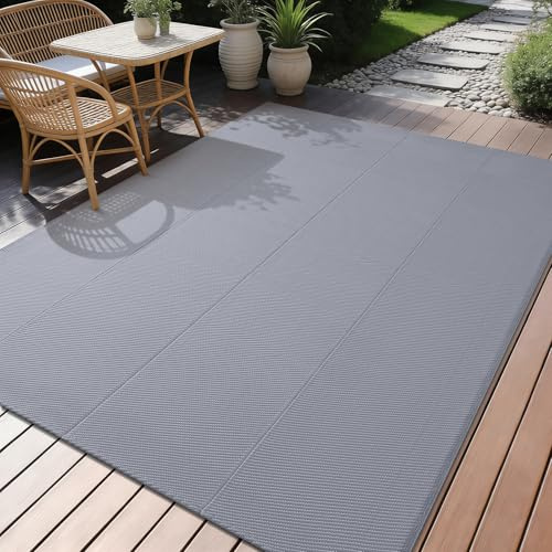 smiry Waterproof Outdoor Rug for Patio, UV Resistant Anti-Slip Garden Rugs Lightweight Foldable Easy Clean Plastic Straw Carpet Mat for Camping, Deck, Beach, Backyard, 120 x 180 cm, Grey
