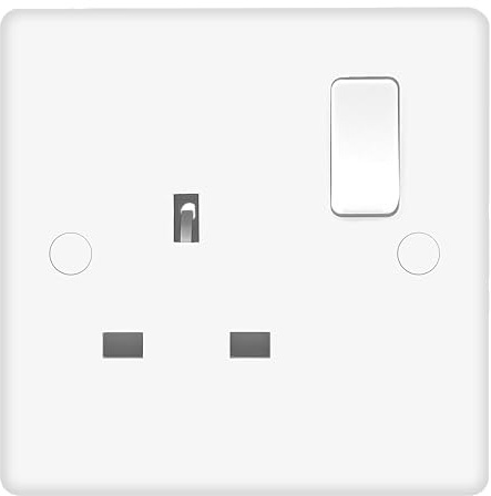 Evoges Vector 13A 1 Gang Double Pole Switched Socket – White Gloss Single Plate, UK 3-Pin Power Outlet, Includes Fixing Screws & Screw Caps, UK Standard Wall Mount
