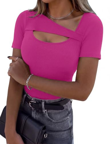 Aottori T-Shirt Donna Manica Corta Scollo Asimmetrico a Coste Slim Fit | Maglietta, Estiva, Basic Top, Elasticizzato Elegante, Shirts, Sexy Casual