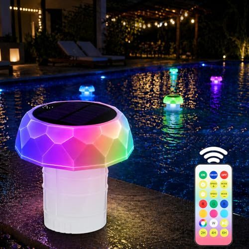 Solar Floating Pool Lights with Chlorine Box, IP68 Waterproof Chlorine Floater Dispenser with 7 Light Modes, Remote Control, Timer, Floating Pond Lamp for Swimming Pool Ponds Hot Tub Spa Party Decor
