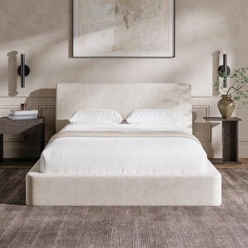 RECCI Polsterbett 140x200 cm, Weiches Schaumstoff-Bettgestell mit Ergonomischem Kopfteil, Vollgepolstertes Cloud-Design, Ohne Boxspring, Einfache Montage (Beige)