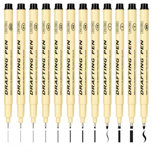 CDQZAIKEJI 12PCS Fineliner Stifte Set 0.2-3 mm, Fineliner Schwarz, Präzisionsstifte Zeichnen Skizzieren Manga Illustration, Wasserfeste Zeichenstifte für Schule Büro Künstler Handlettering