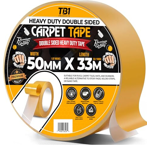 TB1 Double Sided Carpet Tape Heavy Duty 50mm x 33m – Extra Strong Rug Gripper Tape, Residue Free Carpet Tape for Rugs, Floors & Stair Treads – Works on Wood, Tile, Vinyl, Laminate & Carpet