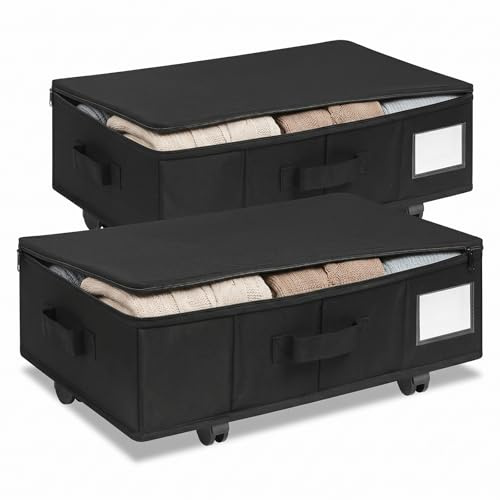 Unterbettkommode mit Rollen 360°Drehung, 2 Stück XXL Unterbett mit Aufbewahrungsbox mit Deckel, Faltbare Kleidung Aufbewahrung Aufbewahrungstasche Unterbettbox für Bettdecken, Kleidung (Schwarz)