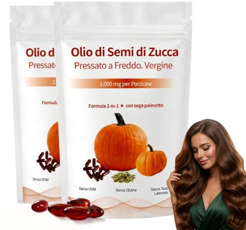 Olio Di Semi Di Zucca Per Capelli - 180 Capsule, 2026 Olio Semi di Zucca, 3000 Mg Per Porzione, Ricco Di Ingredienti Che Favoriscono La Crescita Dei Capelli, Ferma La Caduta Alla Radice, Vegano