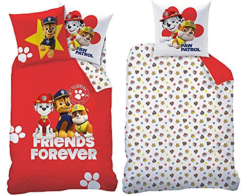 BERONAGE Paw Patrol Kinder-Bettwäsche Trio Rot 135 x 200 + 80 x 80 100% Baumwolle Linon Renforcé Chase Marshall Rocky Zuma Rubble Ryder Hunde Bettzeug Bettbezug deutsche Größe mit Reißverschluss