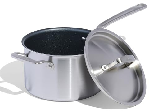 Made In Utensilios de cocina - Cacerola antiadherente de 4 cuartos con tapa - Grafito - Cacerola antiadherente revestida de acero inoxidable de 5 capas - Italia - Compatible con inducción