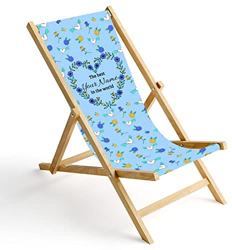 Ferocity Personalisierbarer Holz-Liegestuhl Klappbar Klappliegestuhl Sonnenliege Strandstuhl Wechselbezug Motiv Blau Herz [119]