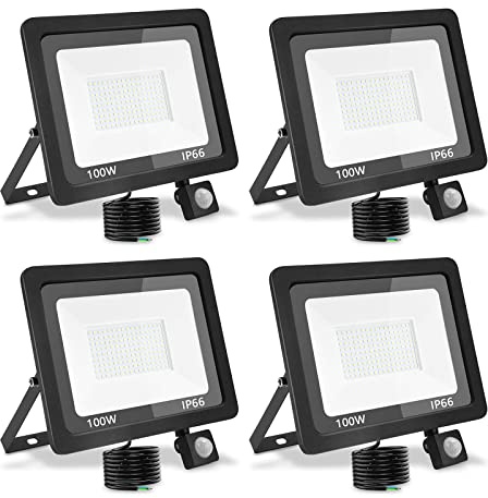 LED Strahler Außen Mit Bewegungsmelder 100W: 10000LM 6000K IP66 Flutlicht | Außenleuchte Flutlichtstrahler Kaltweiß, für Sportplätze, Hinterhof Auffahrt, Türen, Garage, Flur, Garten
