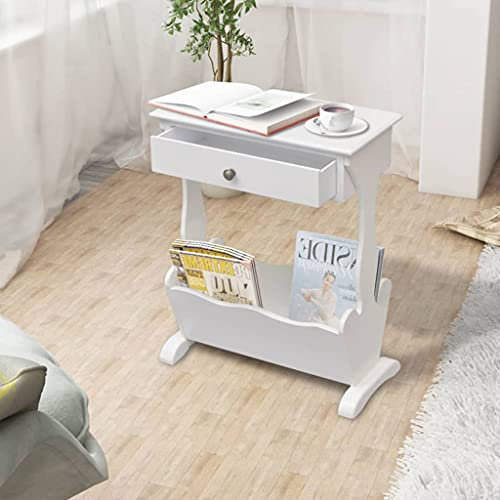 Makastle Beistelltisch mit Schublade und Zeitschriftenhaltern, Kleines Regal Couchtisch Nachttisch mit Zeitschriftenhalter für Kataloge Flyer Prospekte, Weiß 48,5 x 24 x 61 cm