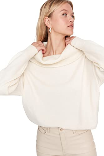Trendyol Dam båtringning Ajouré vanlig tröja sweatshirt, Ecru, L, Ecru