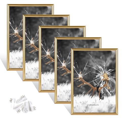 Dmyifan Bilderrahmen 10x15 cm Gold 2er Set | Picture Frame | Für Kinderzeichnungen, Fotos, Poster und Illustrationen, zum Aufhängen, geeignet für Kinderzimmer, Wohnzimmer und Büro