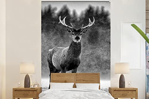 Selbstklebend Tapete Wandpapier Wandaufkleber Fototapete Tapeten Wanddeko 225x350 cm Tiere - Hirsche - Winter - Schwarz - Weiß